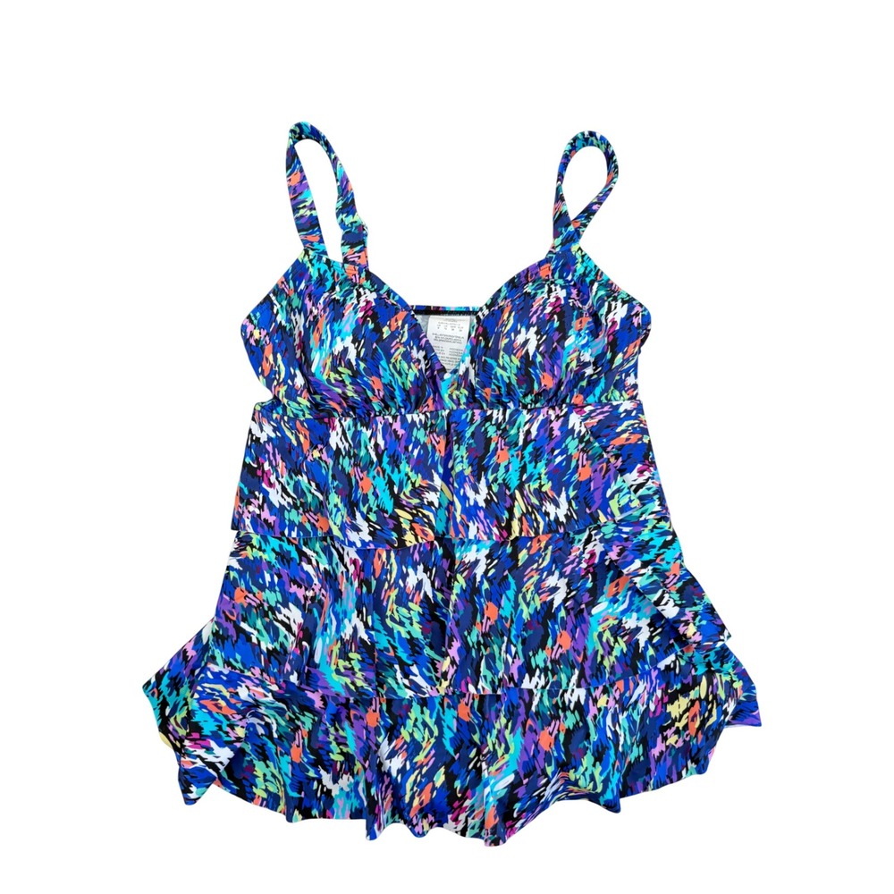 Swim Solutions Blue Abstract‎ Tiered Ruffle One Piece Swimsuit Size 8 NEW - Picture 2 of 5